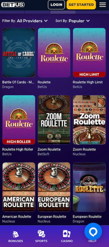 Odds display from BetUS, a major player among roulette apps for real money.